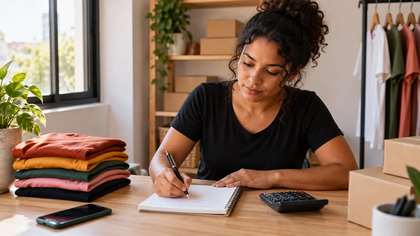 Vendedora anotando contas num caderno, com calculadora e camisetas dobradas sobre a mesa