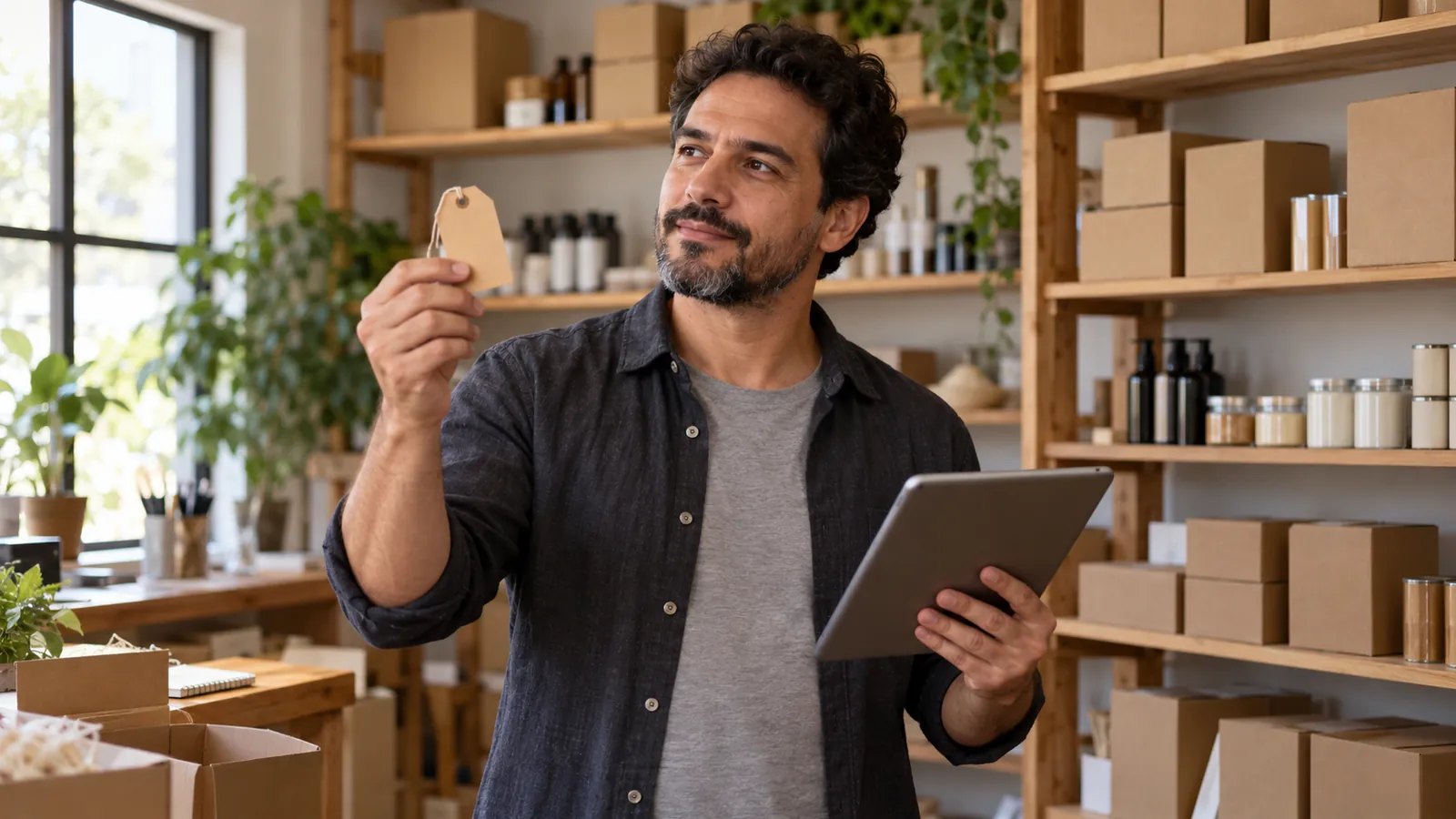 Vendedor no estoque segurando uma etiqueta de preço em branco e um tablet
