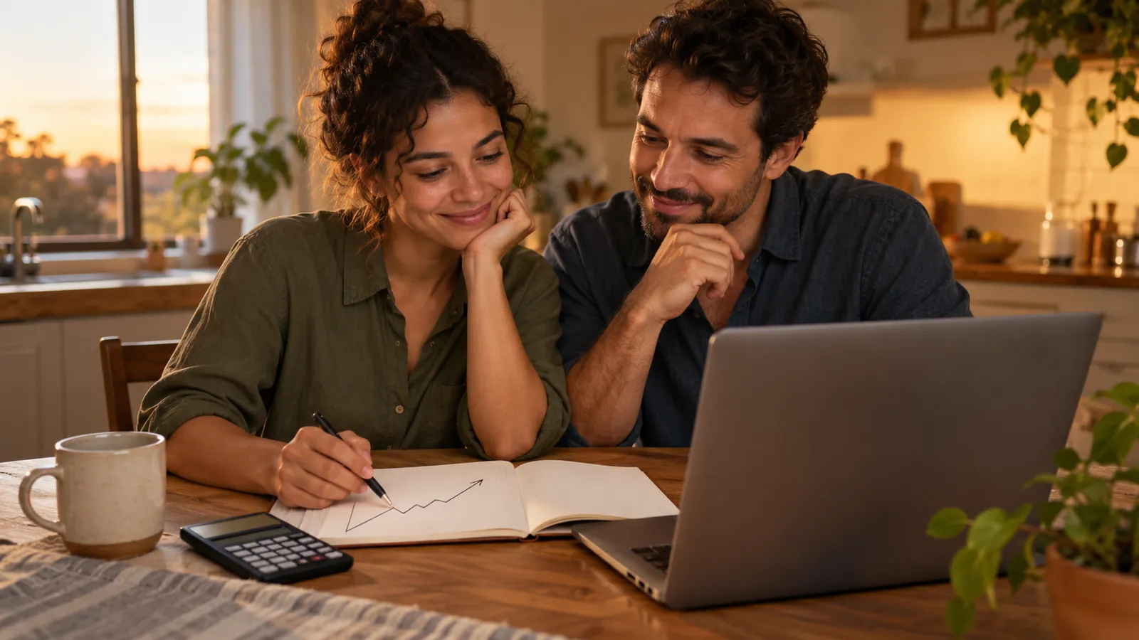 Sócios revisando o mês juntos na mesa da cozinha, com notebook, calculadora e caderno