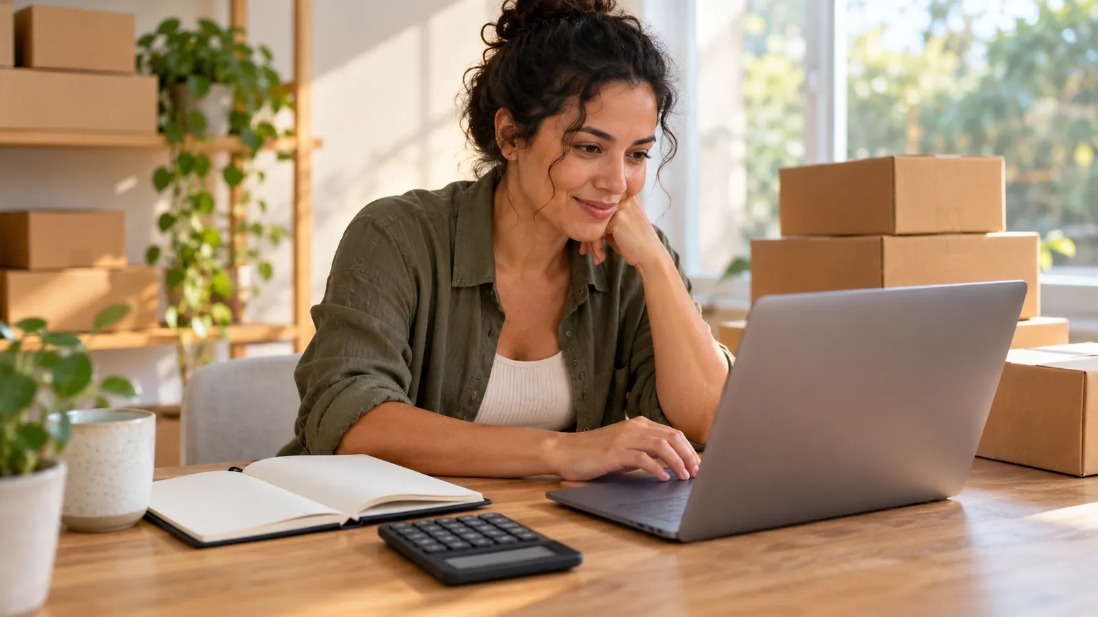 Vendedora em home office consultando o notebook, com calculadora, caderno e caixas de envio ao fundo