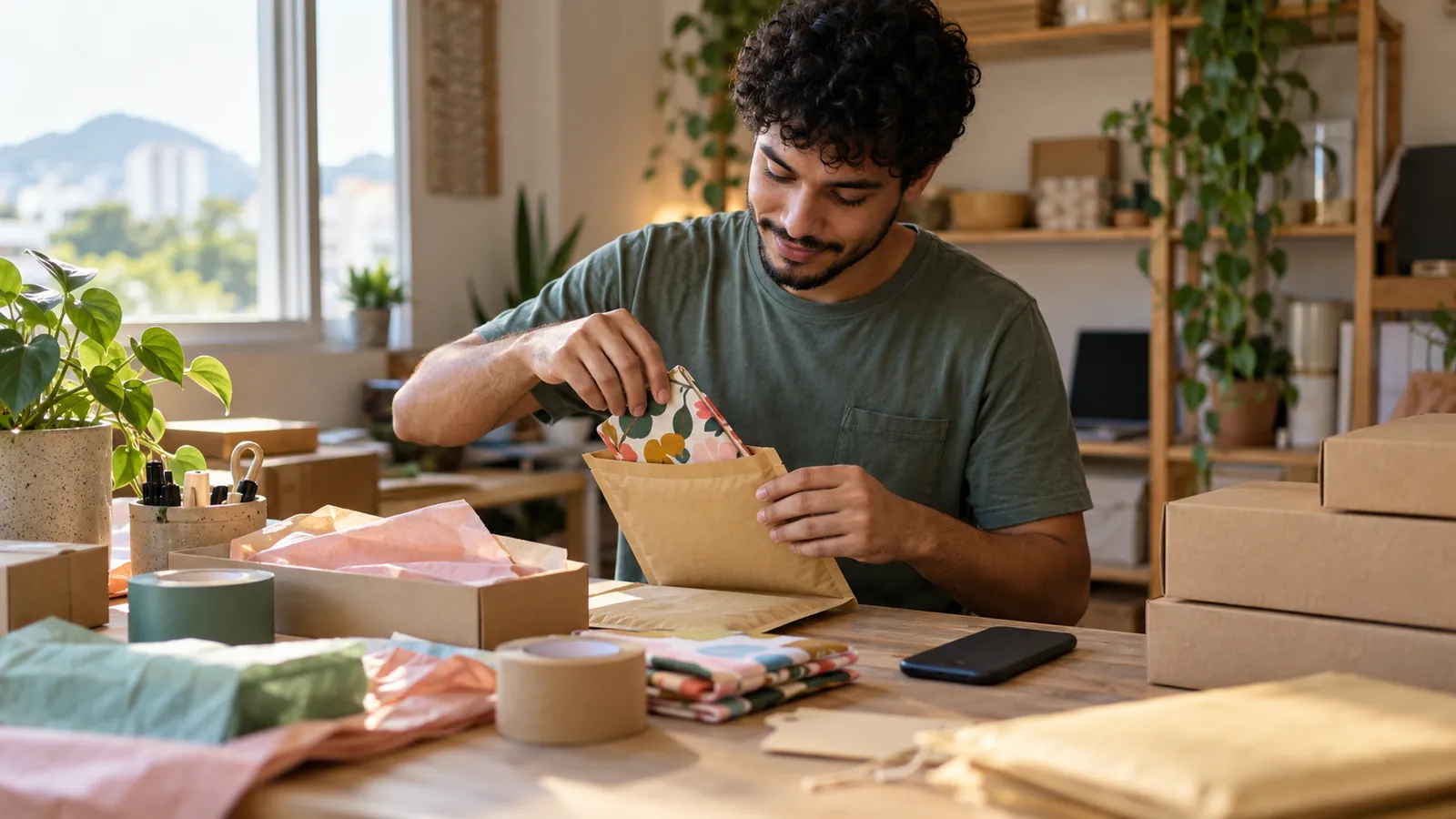Vendedor embalando pedidos pequenos em envelopes e caixas na mesa de casa